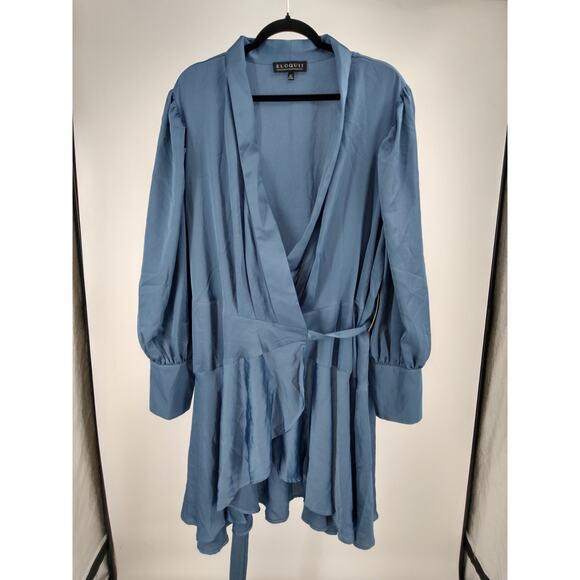 Eloquii Dress Plus 24 Mini Satin Wrap Puff Sleeve Ruffle Tie Waist Blue NWT - Picture 2 of 10